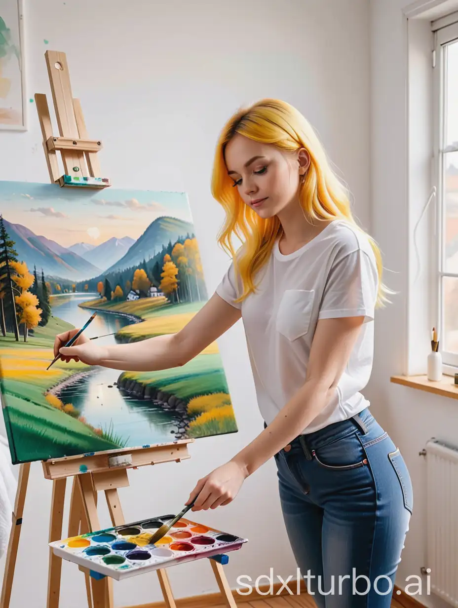 30YearOld-YellowHaired-Woman-Painting-a-Landscape-in-Her-Room