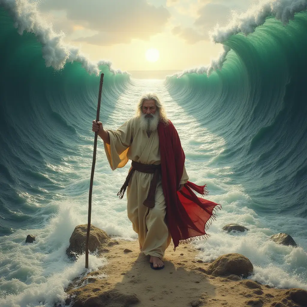 80 year old Moses parting the red sea. Two walls of water on both sides. All the people walking on dry land.