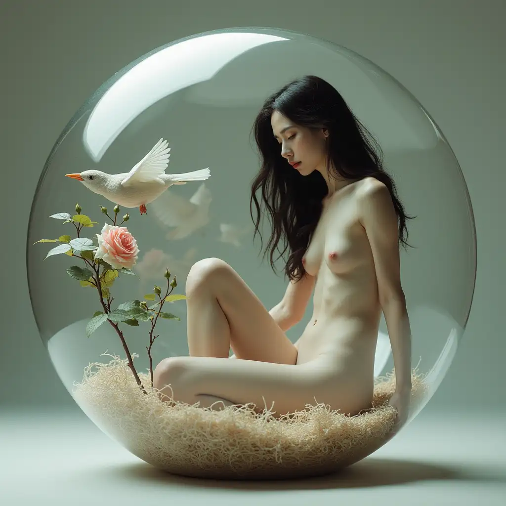 Sensual-White-Woman-in-a-Glass-Sphere-Surrounded-by-Birds