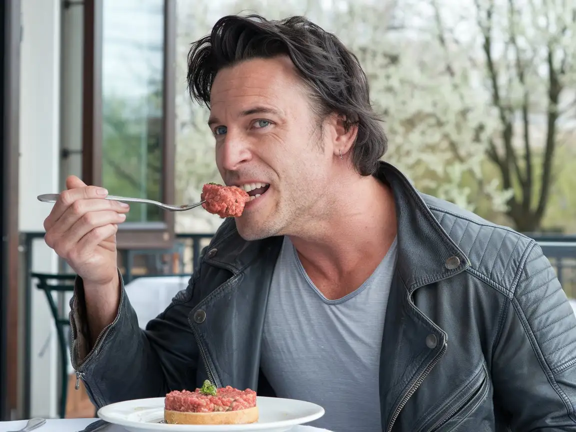 On the open veranda of the restaurant, a 35-year-old European musician, athletic, proud with a straight posture, shoulders loosely straightened, calm and confident, is eating meat tartare at a table. The face is oval, strong-willed, courageous with a pronounced lower jaw and developed masticatory muscles, skeletal outlines are pronounced. Black wavy hair of medium length, light stubble. The eyes are gray-blue of normal size. The skin is light. He is dressed in a casual style in a gray T-shirt, an open leather jacket and jeans. Strong, courageous hands. He loves the dog very much. It's a clear spring day. Spring trees are visible behind the veranda.