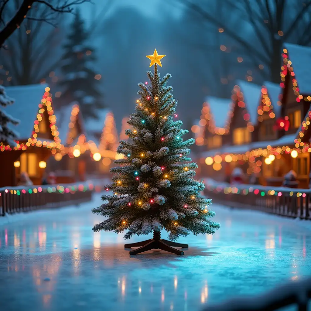 Ice rink with a Christmas tree in a fairy tale village with multicolored garlands, surrounded by a decorated fence, blurred background