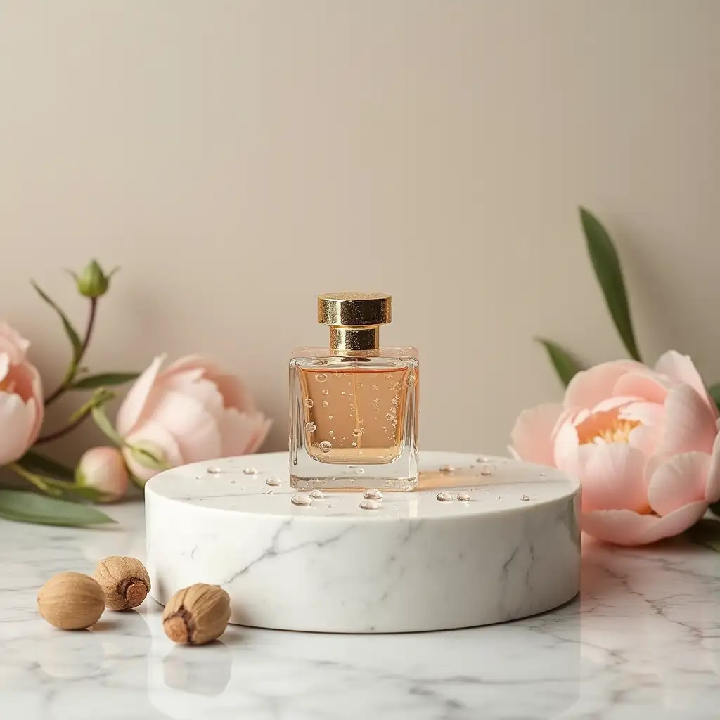 Elegant-Marble-Stand-Showcasing-a-Perfume-Bottle-with-Rain-Drops-and-Peonies