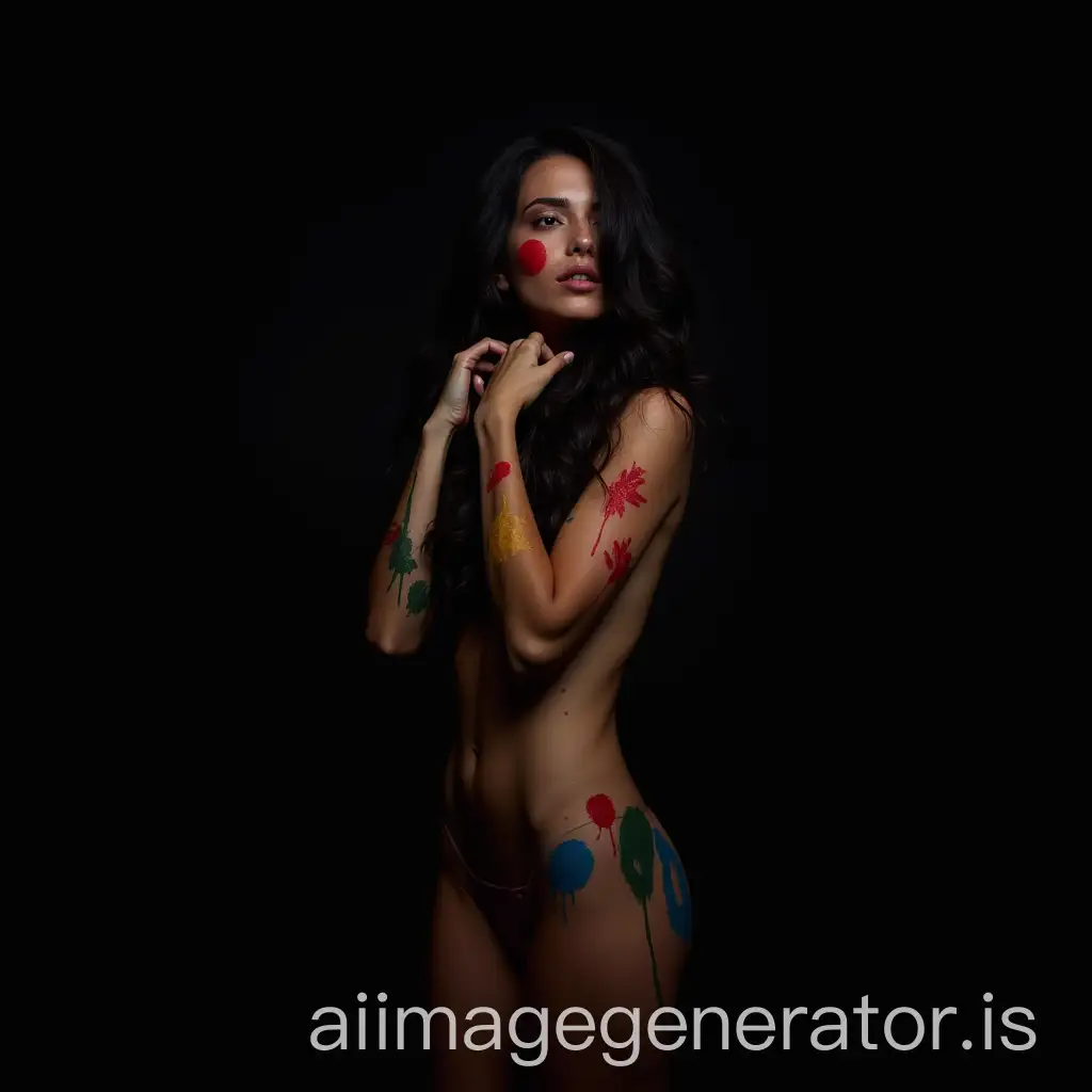 beautiful nu woman, dark long wavy and loose hair, standing in complete darkness, lit only from one side, holding her hands entwined in her hair, skin covered with multi-colored paints, fully visible, position for a photo act