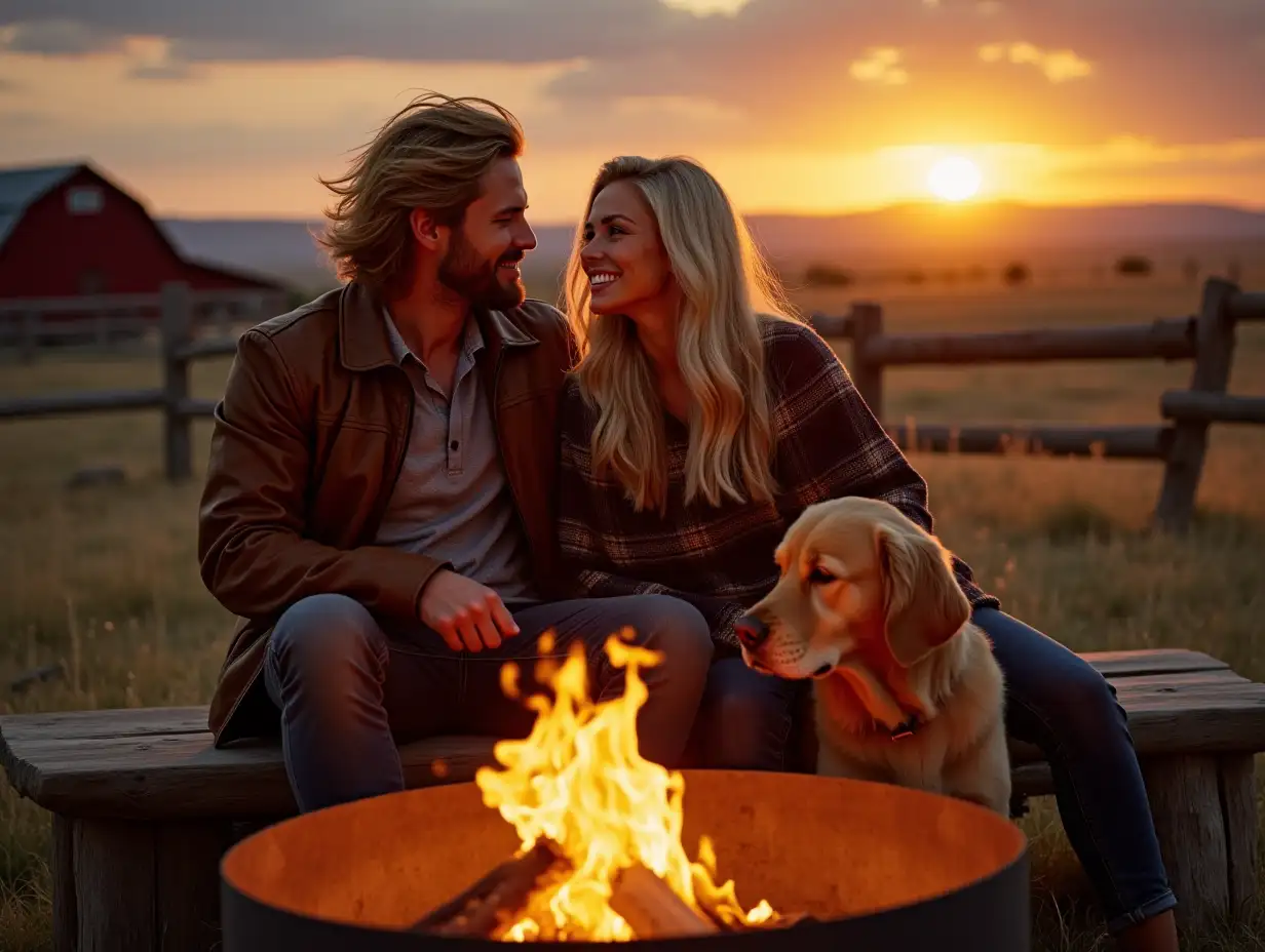 As the sun sets over the vast ranch, a handsome man with long blond hair sits beside a crackling firepit, his strong arms wrapped around his stunning blond-haired wife. The golden retriever lies at their feet, its fur illuminated by the warm glow of the fire. The man wears a rugged brown leather jacket over a gray henley shirt, his windswept hair catching the last rays of the setting sun. His wife leans into him, wrapped in a soft plaid blanket, her long golden hair shimmering in the firelight as she gazes up at him with a loving smile. They sit on a rustic wooden bench, the flames flickering and casting dancing shadows across their faces. In the background, a classic red barn and wooden fences stretch toward the horizon, while the evening sky glows with deep oranges, purples, and the first twinkling stars of the night. The distant sound of crickets and the occasional soft breeze through the tall grass add to the peaceful, intimate moment.