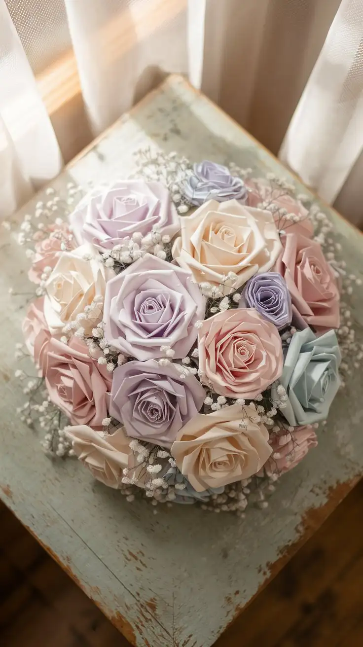 Pastel-Paper-Rose-Bouquet-on-Rustic-Wooden-Table-with-Natural-Light