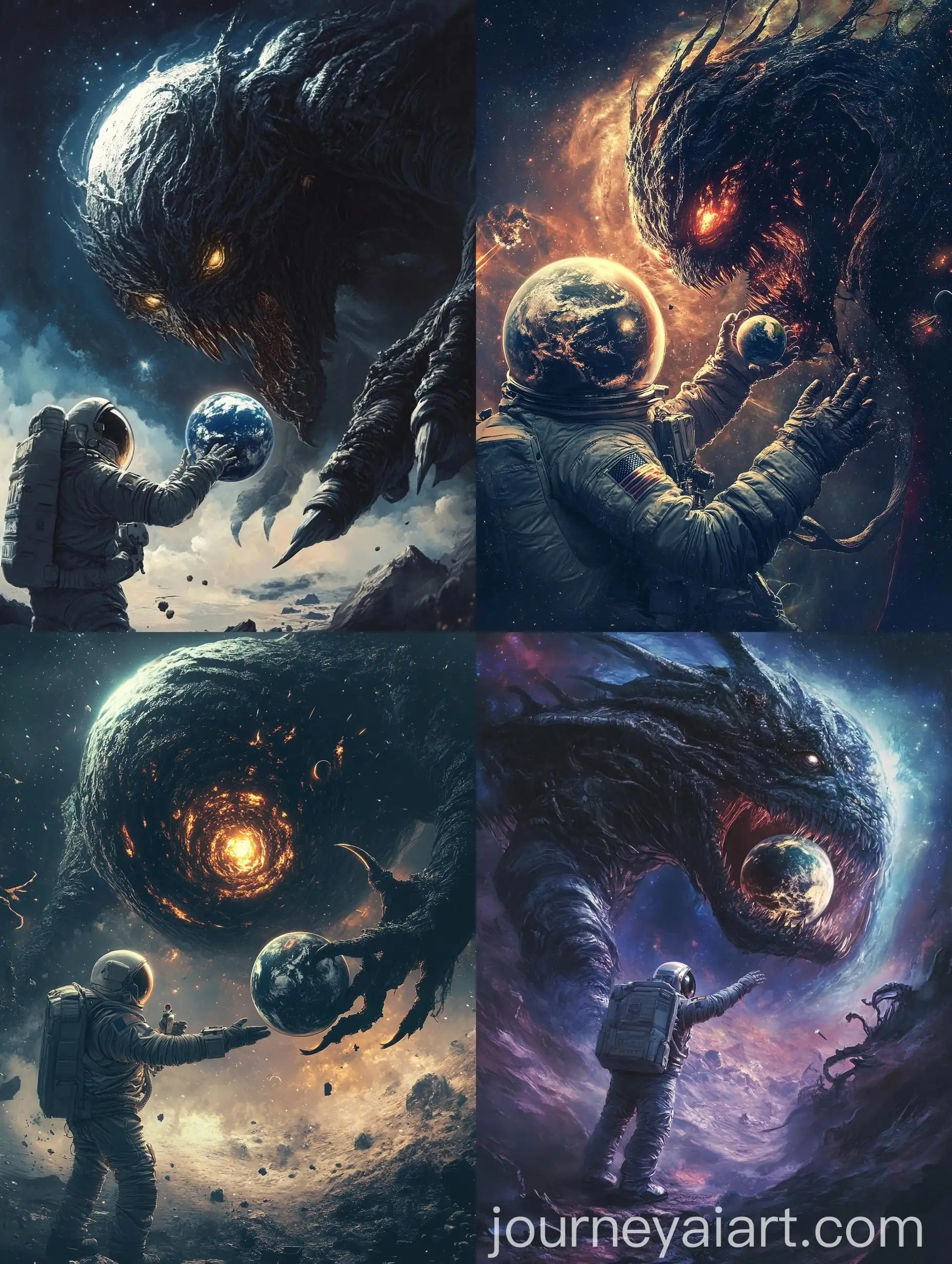 Cosmic-Space-Monster-Holding-Earth-with-Astronaut
