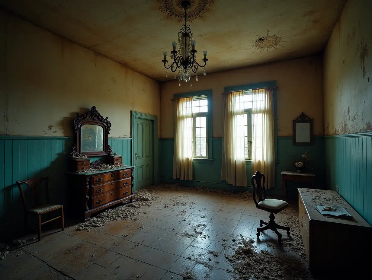 abandoned mansion princess room with dripping water from ceiling and scratch on walls and random items