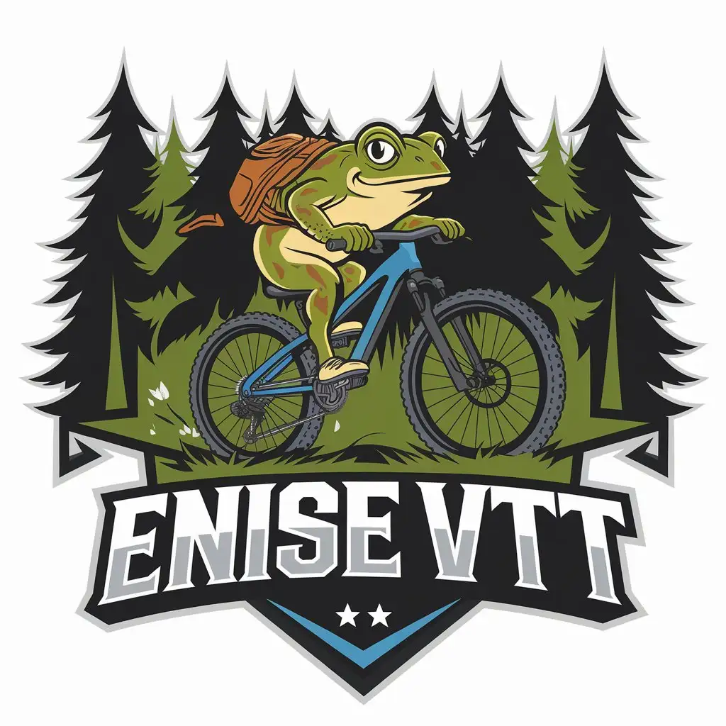 LOGO Design for ENISE VTT Cartoon Toad Riding MTB in Forest with Clear Background