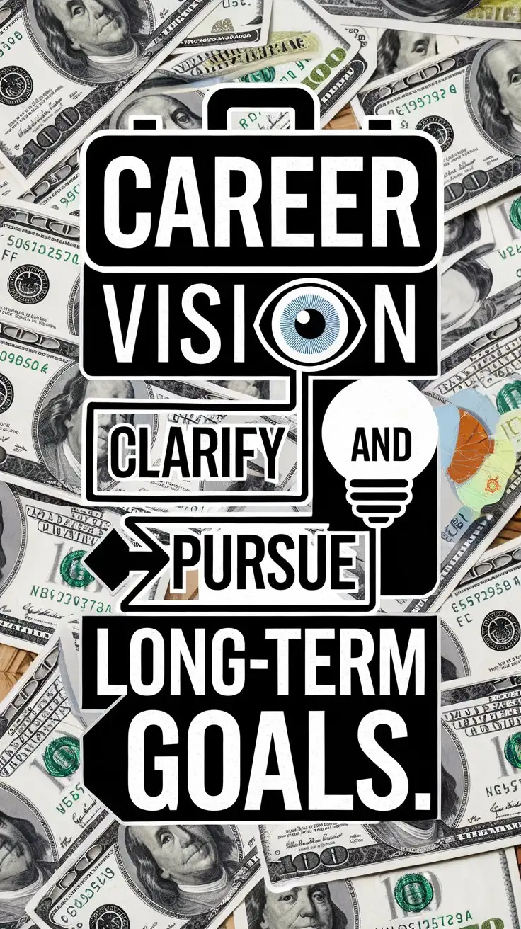 Career Vision: Clarify and pursue long-term goals. in typography with a background of money.