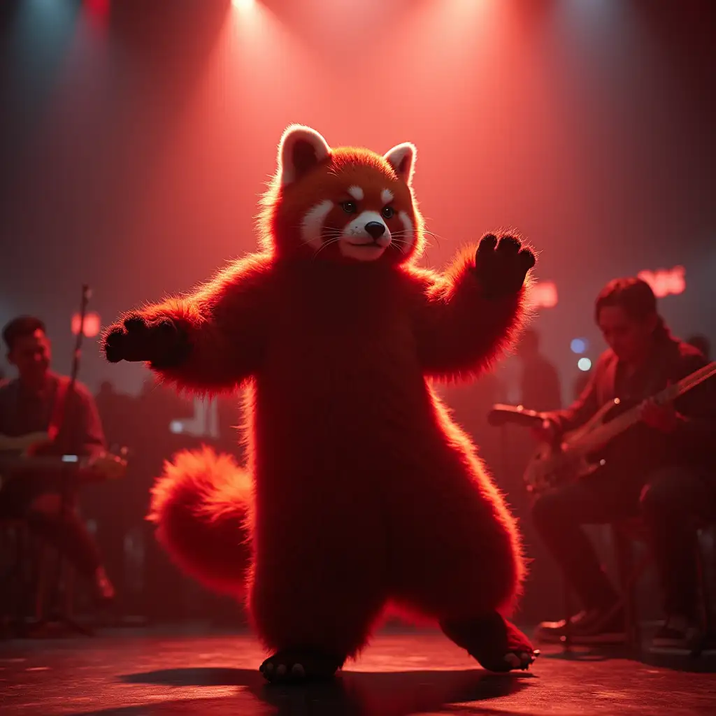 Mei Lee transforming into a giant red panda, dancing under concert lights with boyband 4*TOWN