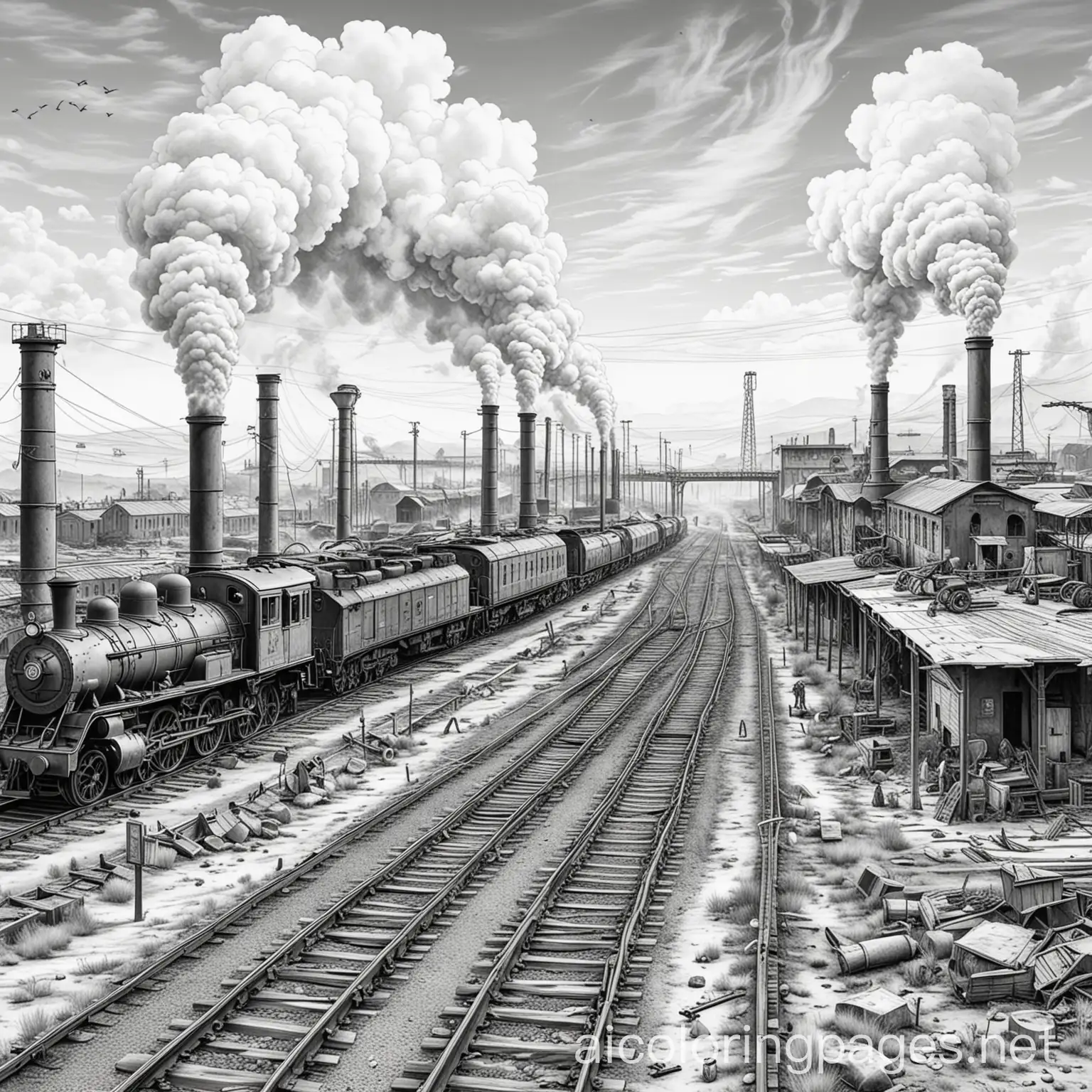 Post-Apocalyptic-Ruined-Trainyard-Coloring-Page-with-Steam-Locomotives