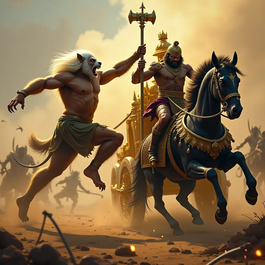 A fierce battlefield during the Ramayana war. Jambavan, an elderly but muscular bear-like figure with sharp claws and a golden aura, is mid-action as he delivers a powerful kick to Indrajit. Indrajit, a fearsome warrior in dark armor adorned with intricate patterns, is flung out of his golden chariot, his mace falling from his hand. The chariot, drawn by black horses with fiery red eyes, tilts to the side. Surrounding them, chaotic battle scenes of Vanaras (monkey warriors) fighting Rakshasas are depicted with dramatic lighting, dust, and weapon clashes.