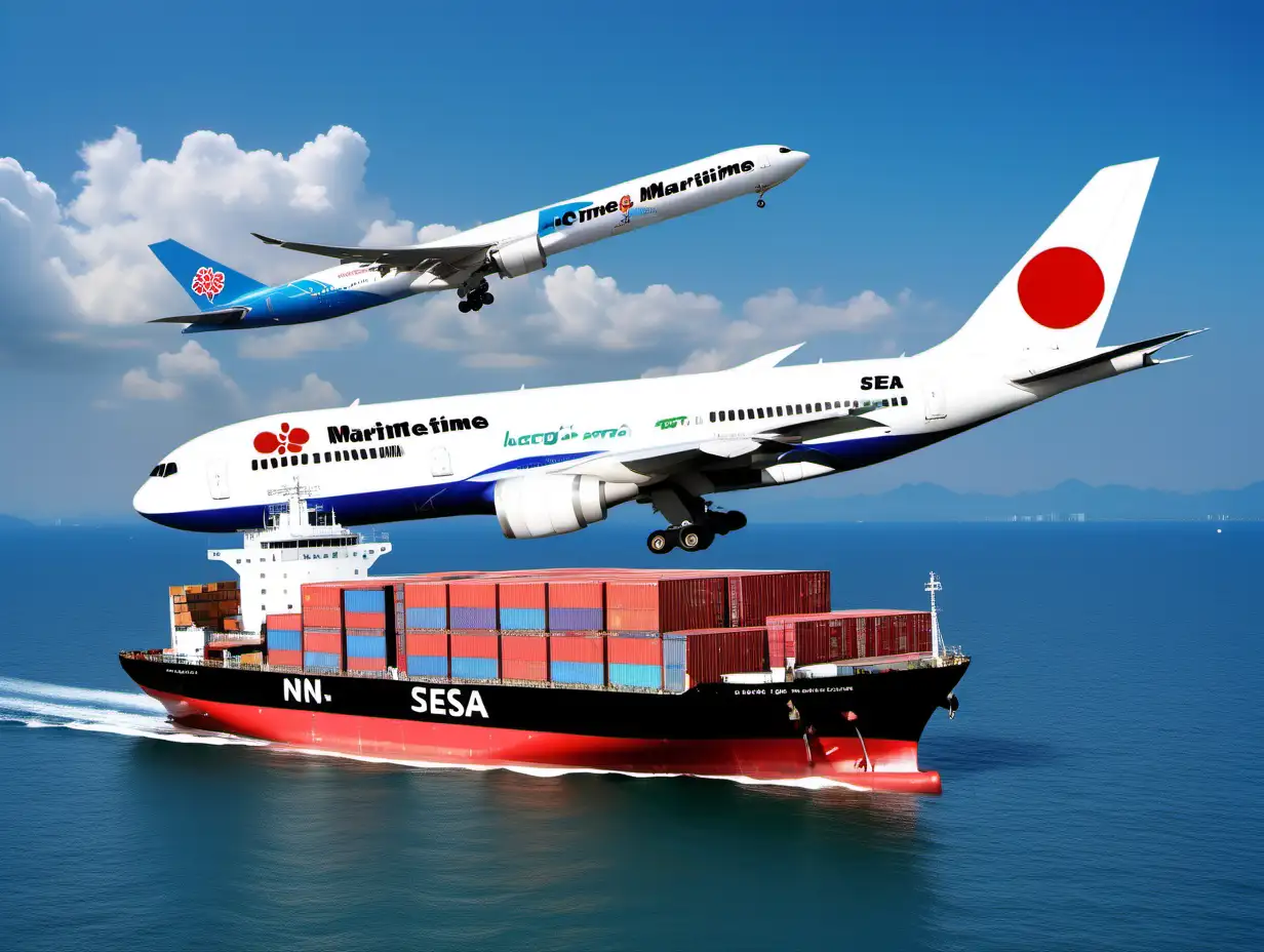 Background image: Use a simple world map as the background, highlighting the location of China and Japan, showing the theme of cross-border transportation.nAir freight: Add an aircraft flying in the sky between China and Japan, marking 'Air Freight' or 'Air Transport'.nSea freight: Place a ship sailing in the sea between China and Japan, marking 'Sea Freight' or 'Maritime Transport'.nCargo packaging and delivery: nPlace labels above or next to each transportation method, briefly written as: ‘Safe and Reliable Air Transport’, ‘Cost-effective Sea Freight’, ‘Fast and Convenient Express Delivery’.nCore slogan: In a prominent position on the image, use large font to write the slogan, such as: n‘We Securely Procure and Deliver Your Goods from China to Japan’n‘Safe, Reliable, and Efficient Cross-Border Shopping Service’.nColor and style: Use fresh and trustworthy colors such as blue and green, combined with simple and clear graphic design to enhance professionalism and safety feelings.