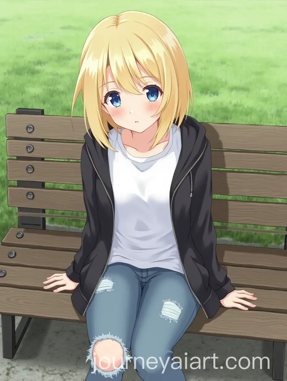 Blonde-Girl-in-Casual-Urban-Fashion-Sitting-on-Park-Bench