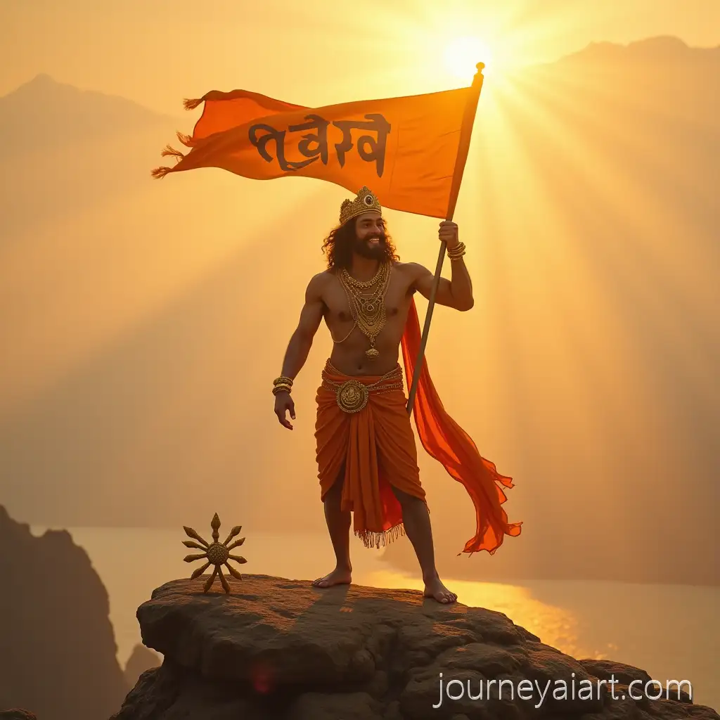 LordLord-Hanuman-at-Sunrise-Hanuman-Standing-on-Rocky-Hilltop-at-Sunrise-with-Orange-Flag-and-Golden-Mace