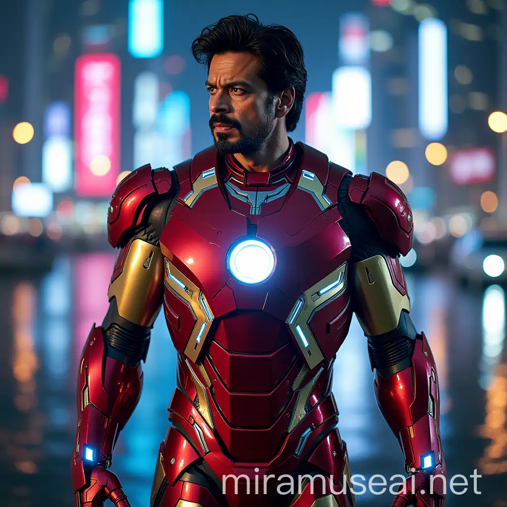 Shah Rukh Khan in Advanced Iron Man Suit with Futuristic City Background