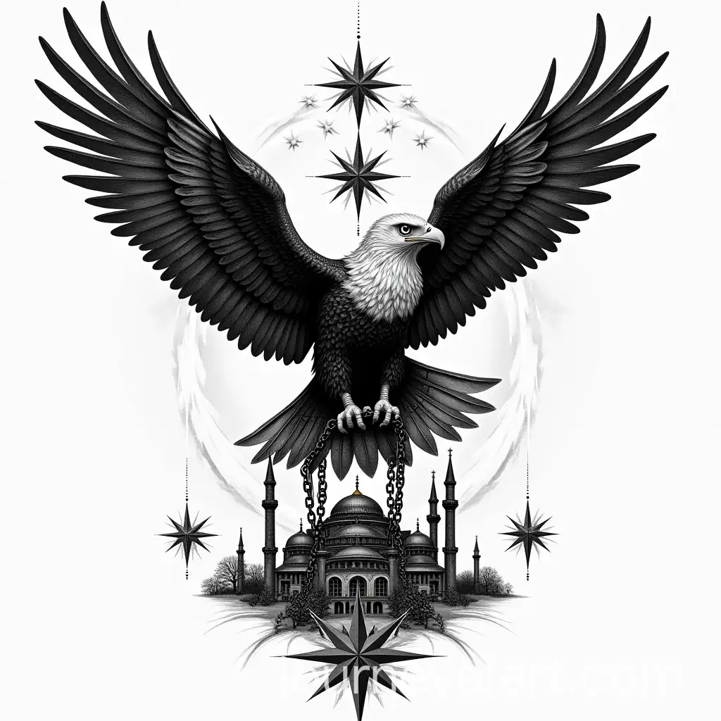 Intricate-Black-and-White-Tattoo-DesignAI-Image-Prompt-Expansion-of-Shackled-Eagle-on-Mosque-with-Thieves-Stars