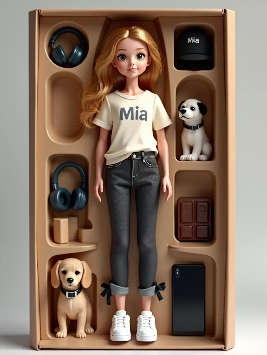 Depict a doll of a girl according to this photo. It should be an action-doll in the style of BRATZ made from soft-touch plastic. The doll should be standing in a brown box, in an indentation. The hairstyle should be like on the photo. The hair is golden, long, loose. She should have brown eyes. She should be dressed in a loose short T-shirt light milk color with grey inscription 'summer', jeans dark gray free at the sides with ribbons. On her legs there should be white sneakers. Next to the doll in the indentations there should be accessories: a dog, headphones, chocolate, trendy smartphone. Also on the box at the top there should be an inscription Mia. Make this as realistic as possible.