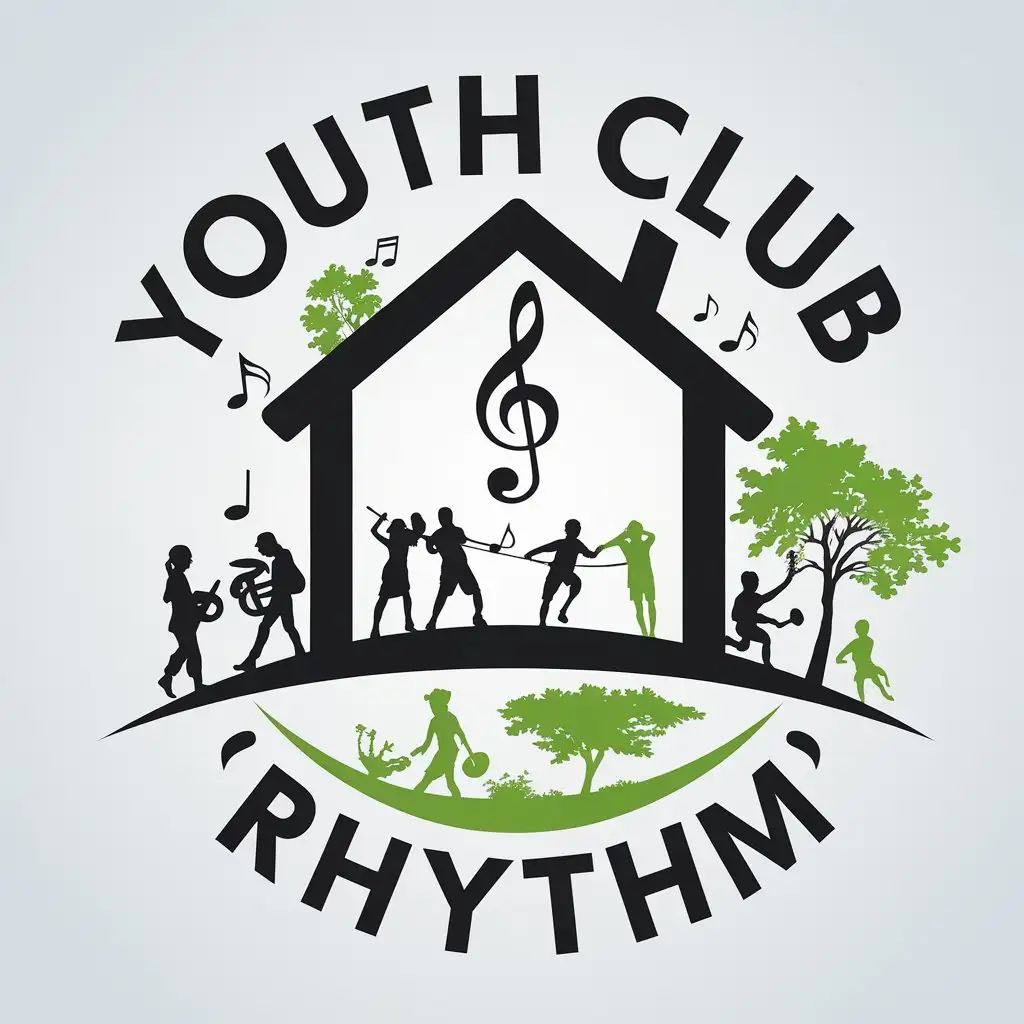 LOGO-Design-for-Youth-Club-Rhythm-House-with-Silhouettes-of-Children-Trees-Notes-and-Fencing