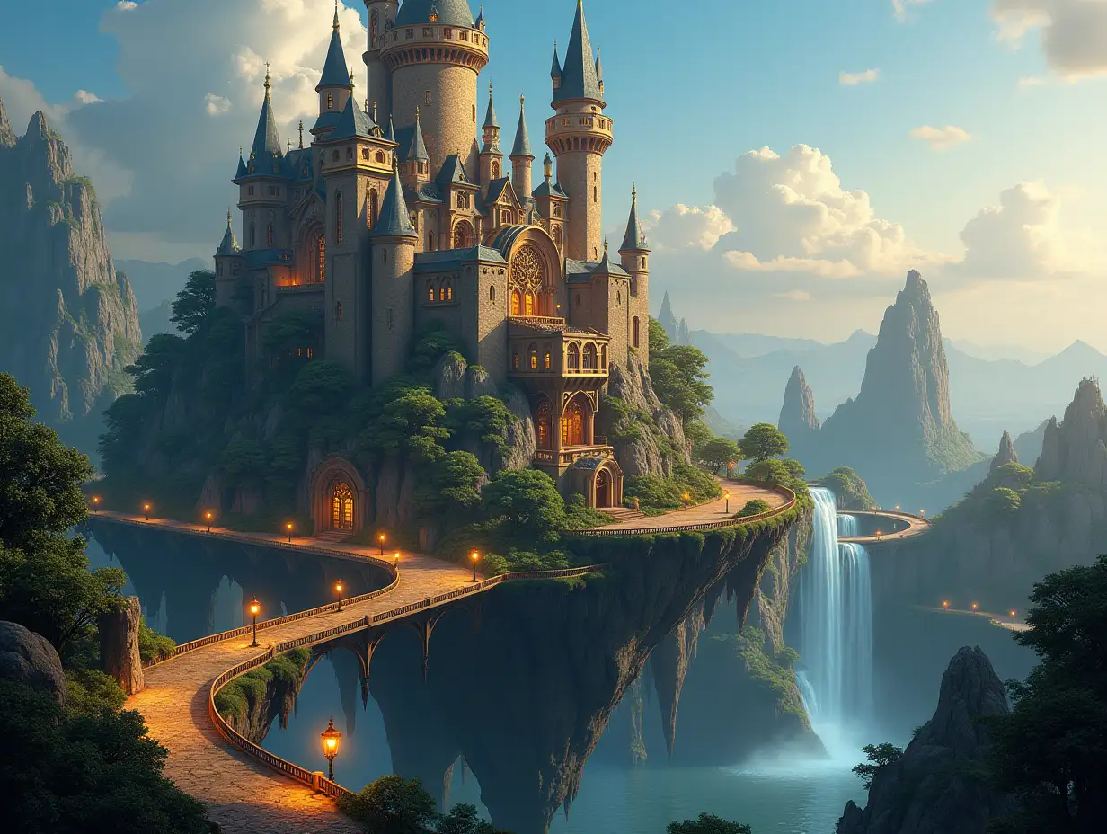 KI A Fantasy-style floating island world with a castle with Golden, towers that have copper gears, streets with glowing lanterns and cars with glowing headlights, trees, waterfall, clear sky without clouds, Steampunk panorama image