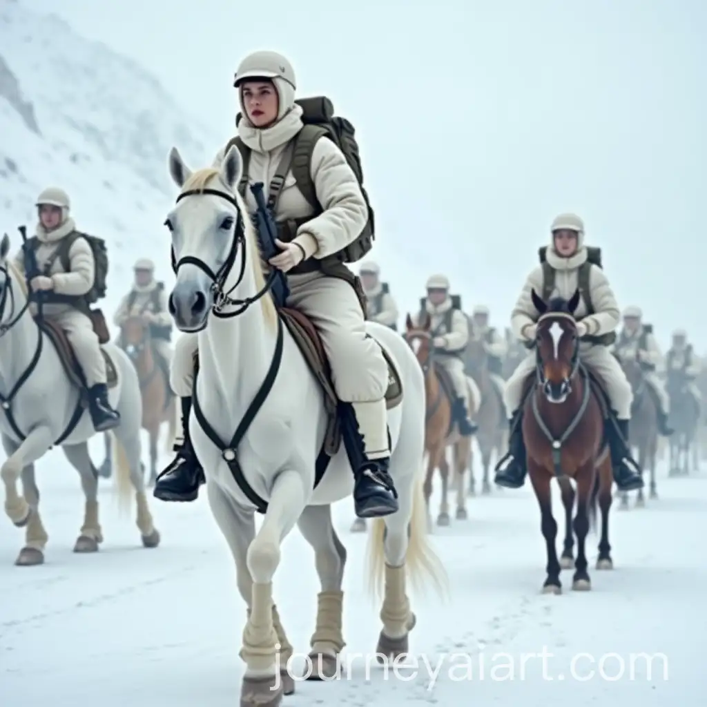 Military-Female-Officers-on-Horses-in-Snowy-Mountains-with-AK47-and-Sniper-Rifles