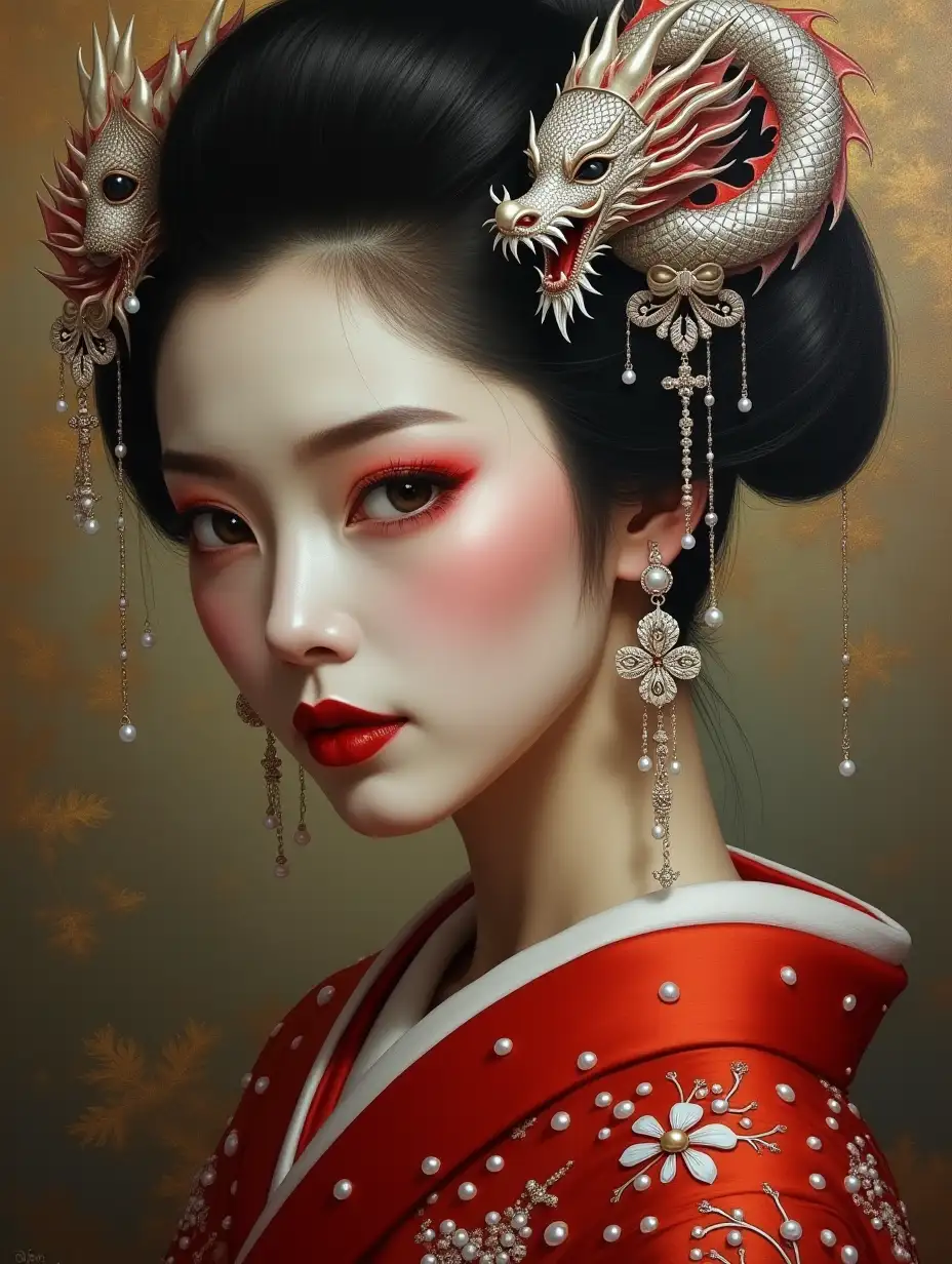 A beautiful geisha woman in a thin, transparent red kimano studded with white pearls, pearl jewelry with a silver dragon in her black hair, made in the style of gloomy fantasy surrealism with ultra-intricate details. Oil painting, realism. The background is in oriental style