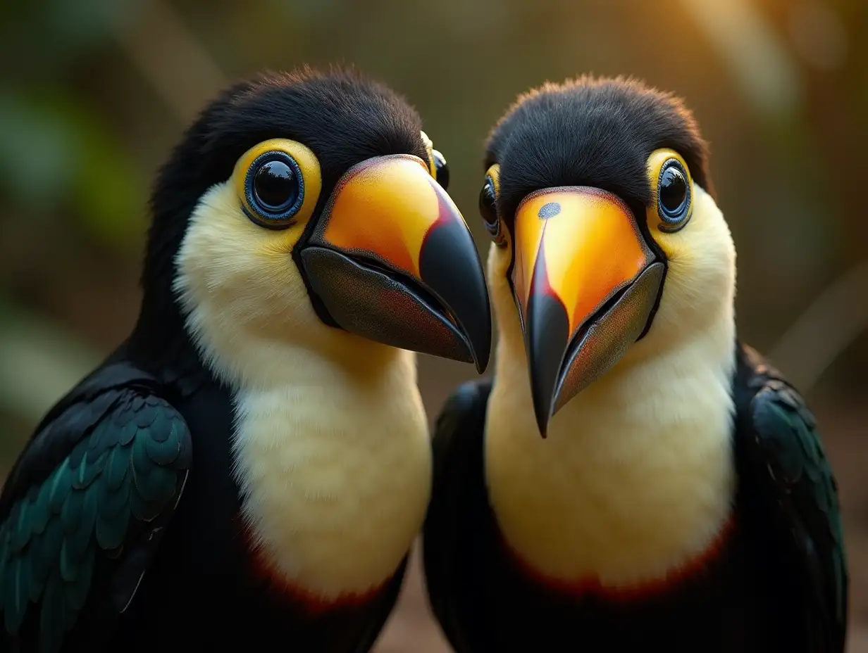 Two young black and white pattern Toucan with alien face,with Rosagreen hair, with a slight smile on the face, underlines her smile, modern retro jewelry, in a temple much gold various shades 4k