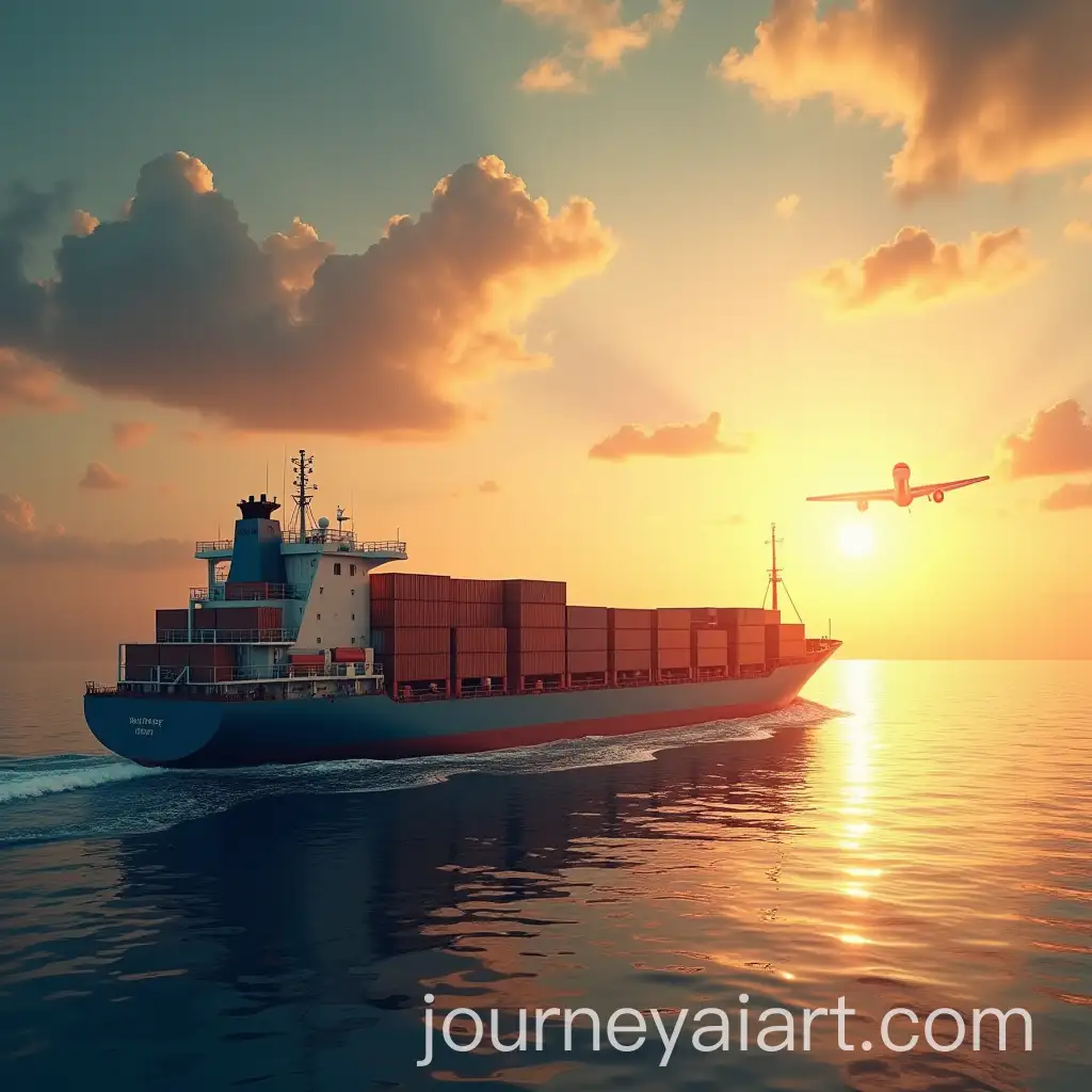 Cargo-Truck-Container-Ship-and-Airplane-at-a-Vibrant-Seaport-with-Ocean-and-Sun-in-Warm-Tones