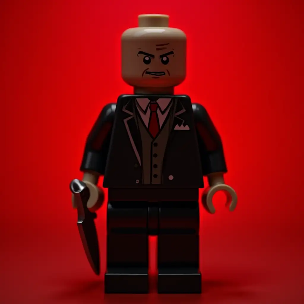 a lego character wears an official suit and holds a knife in his left hand and appears to be a serial killer with a red background