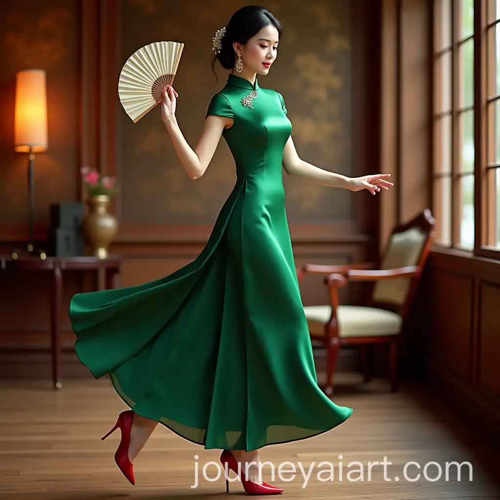 Elegant-Vintage-Woman-Dancing-in-Emerald-Green-Cheongsam-with-Exquisite-Fan