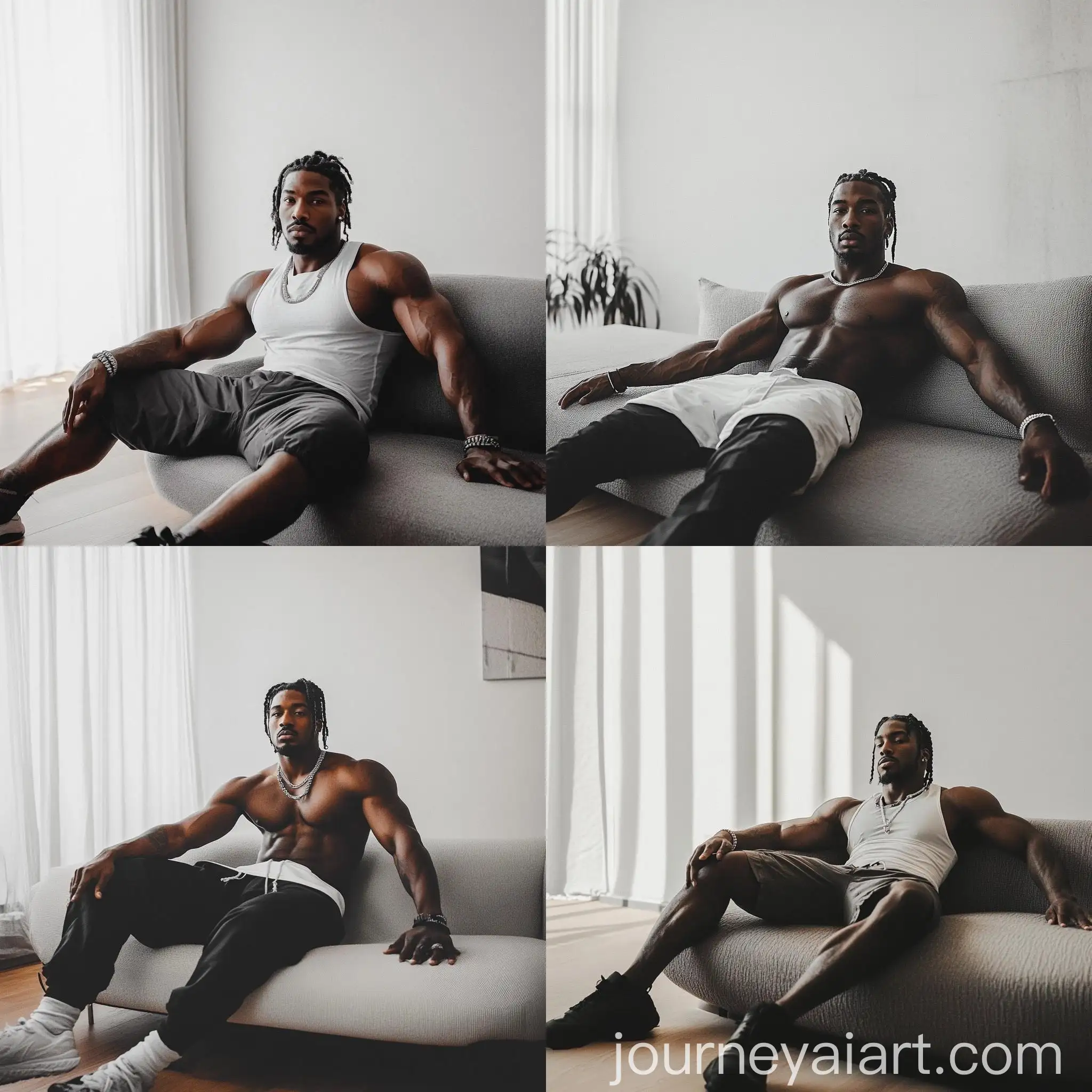 Young-Black-Man-with-Cornrows-Hair-Sitting-in-Minimalist-Room