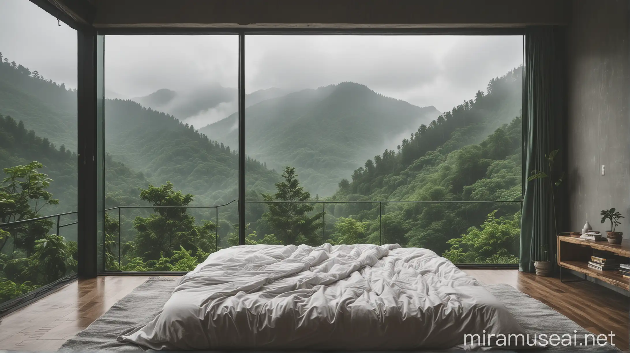 Bedroom with View of Lush Green Mountain in Rainy Foggy Weather