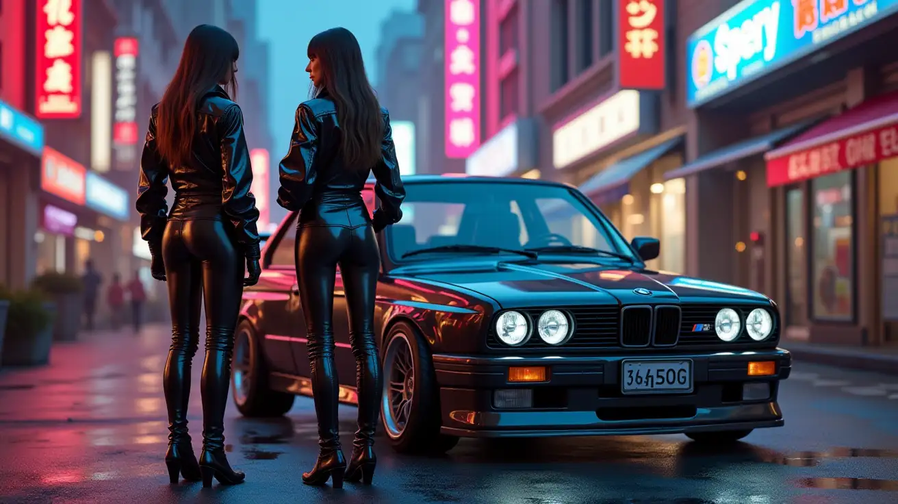 Cyberpunk-Women-in-Shiny-PVC-Outfits-with-BMW-M3-E30-in-Dusk-Cityscape