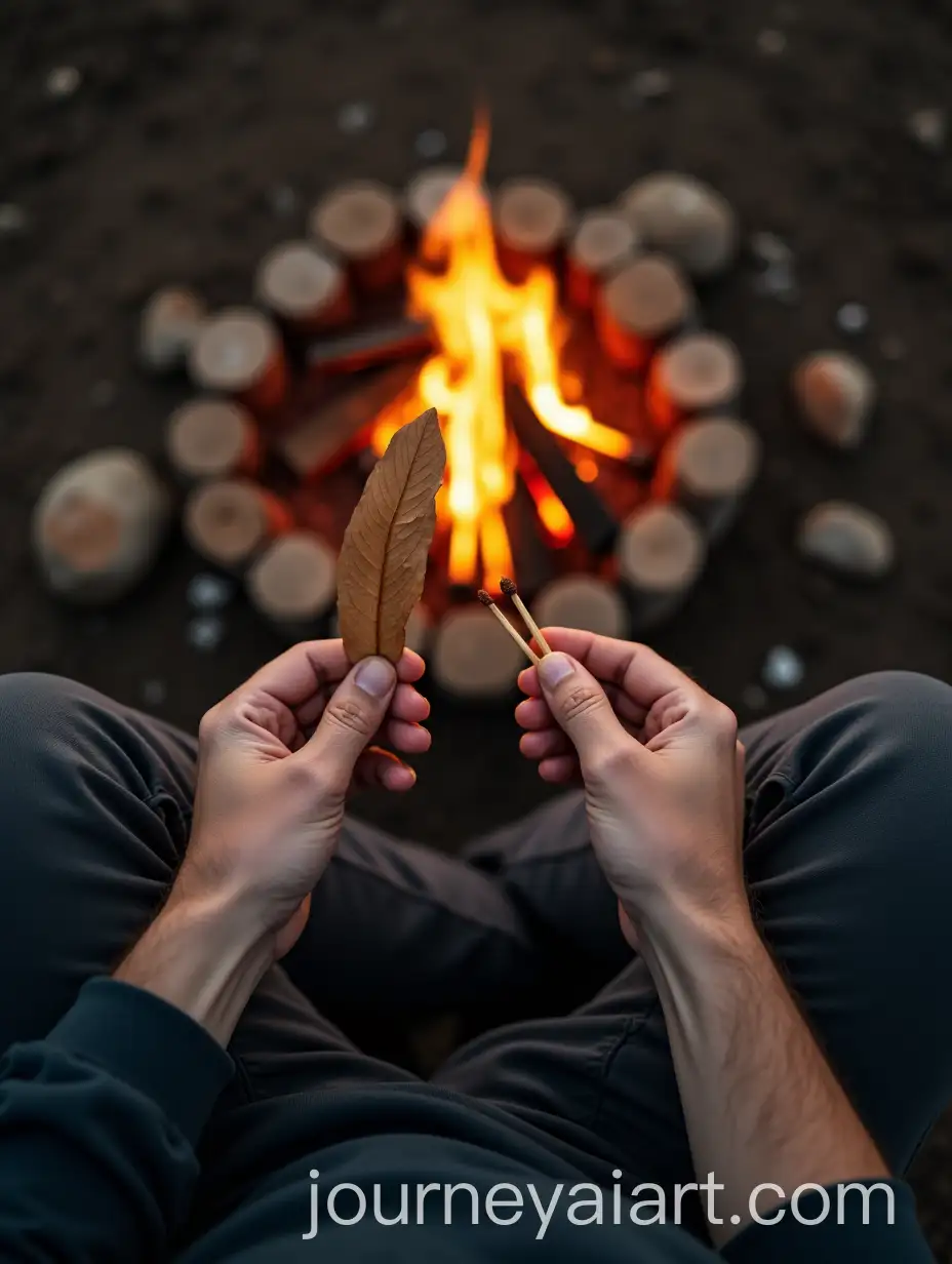 Man-Starting-a-Fire-with-Match-and-Dry-Leaf-in-Wilderness