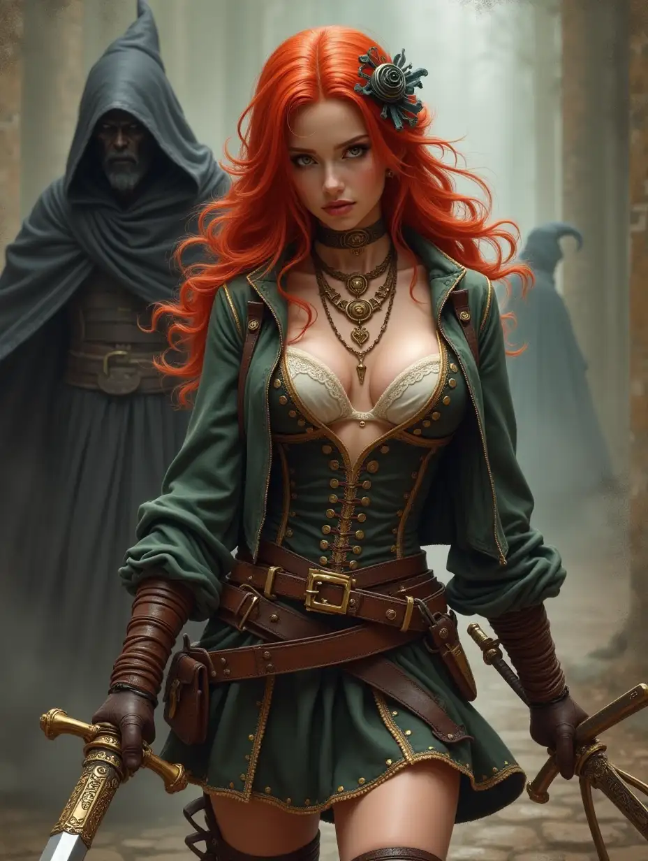 Red hair beauty is wearing a fully  loose, low cut steampunk open top and a mini steampunk skirt. She has sword and crossbow in her hands. She is fighting a black wizard.