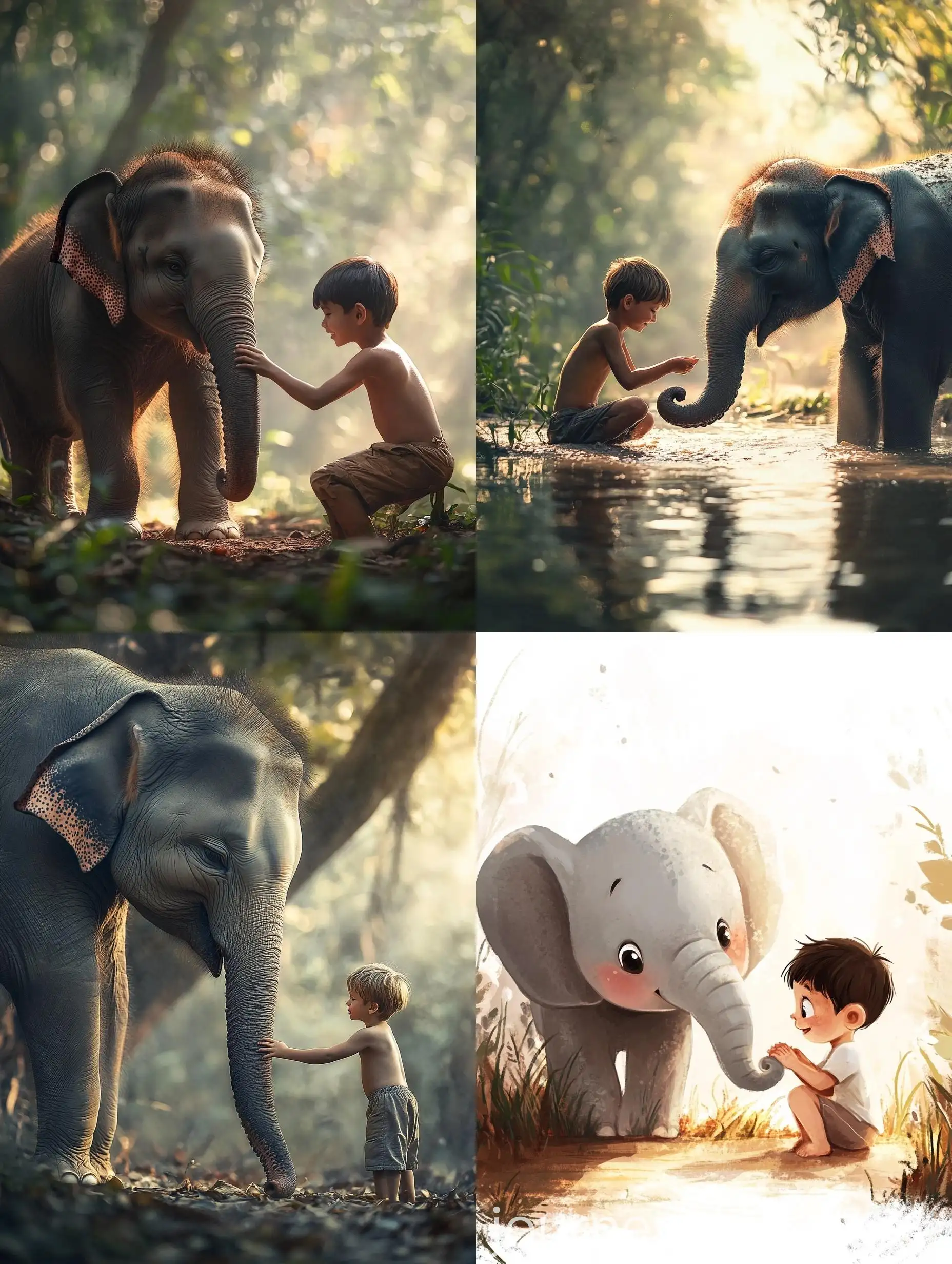 Boy-Playing-with-Cute-Elephant-in-Sunny-Meadow