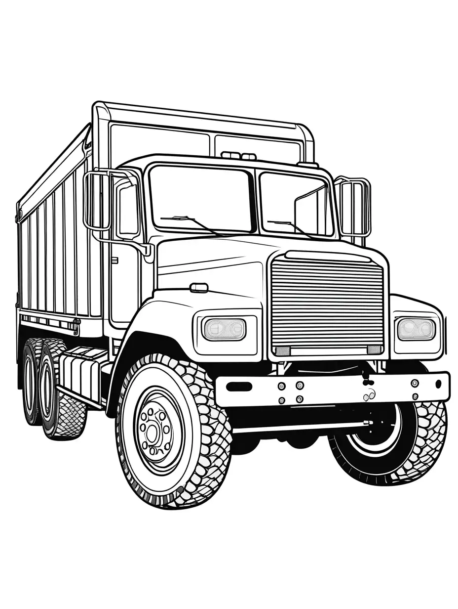 army truck, Coloring Page, black and white, line art, white background, Simplicity, Ample White Space. The background of the coloring page is plain white to make it easy for young children to color within the lines. The outlines of all the subjects are easy to distinguish, making it simple for kids to color without too much difficulty