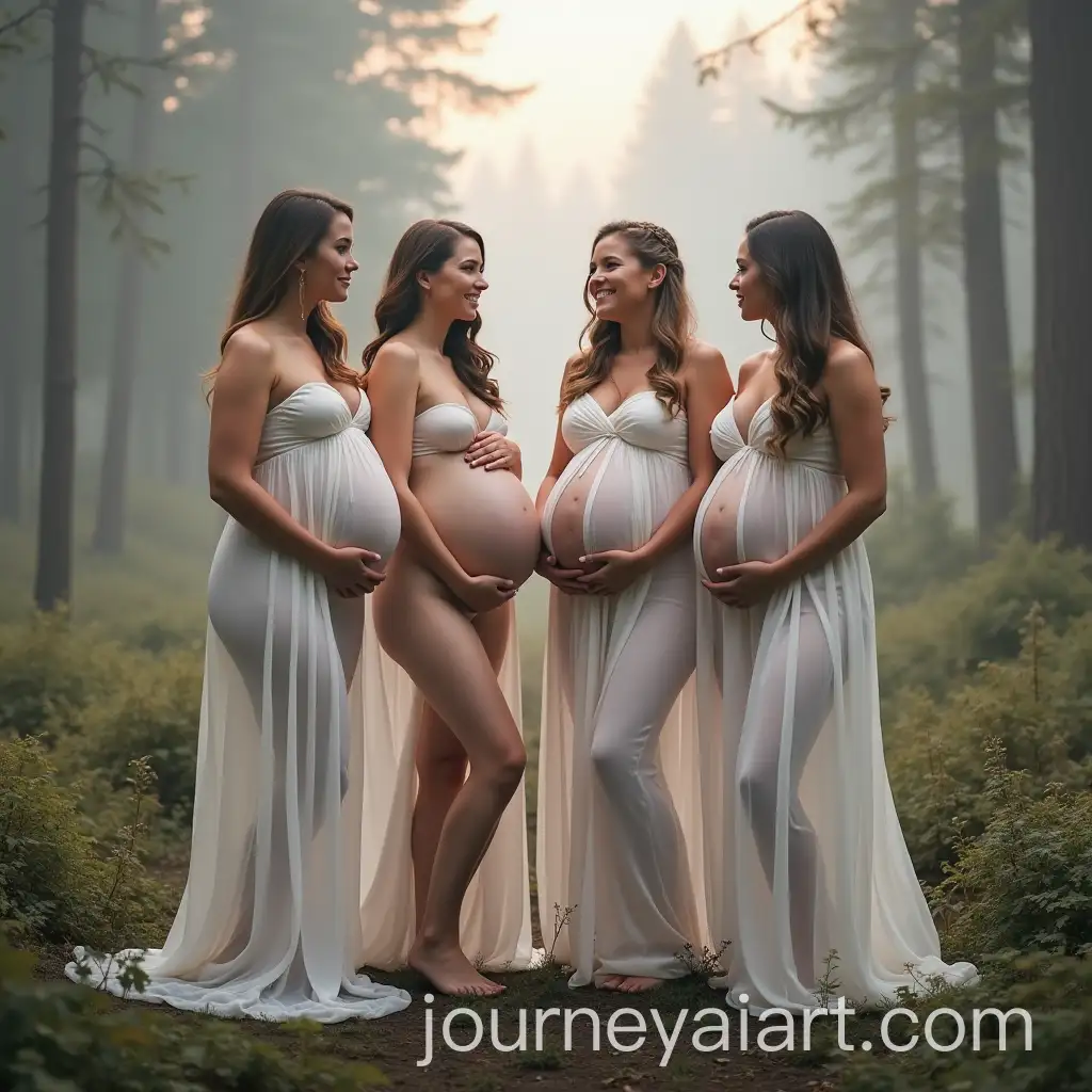 Heavily-Pregnant-Women-in-Flowing-Gowns-Posing-in-Misty-Forest-Clearing