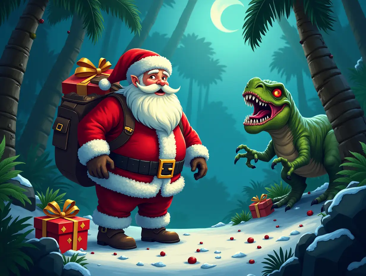 Santa Claus crashed in the tropical jungles surrounded by goblins, dinosaurs,  zombies. His presents are scattered everywhere. Santa needs help from adventurers. Evil snowmen, a yeti, Christmas is peril and needs yo be saved!