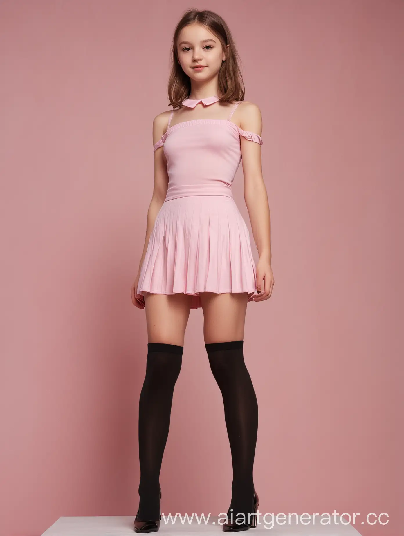 skinny young teen girl stands in fashion podium, innocent face, skinny, bare shoulders and her body, exhibiting something, long thin legs, front view from feet to head, short pink open top without straps, short mini skirt, black stockings, high heels