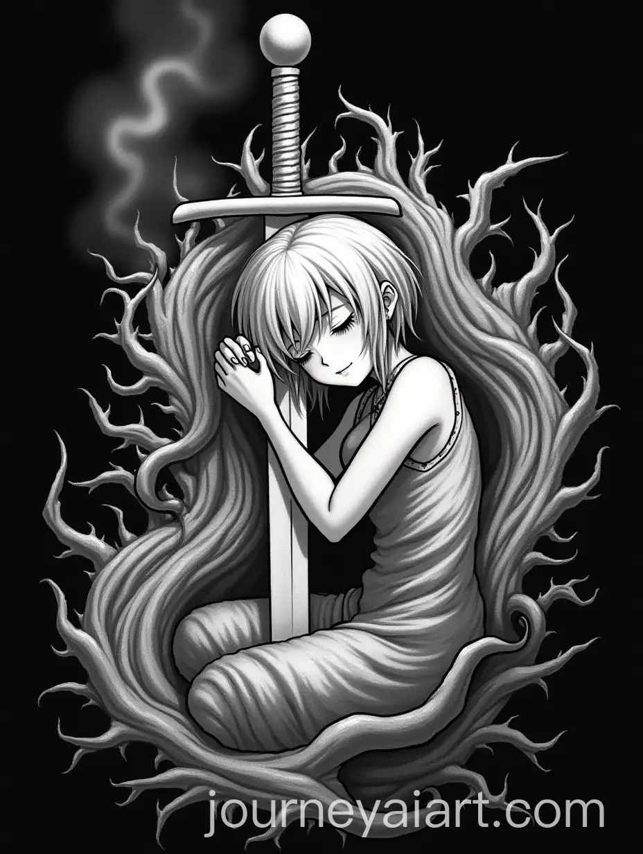 Anime-Girl-Sleeping-on-Sword-Surrounded-by-Thorns-and-Smoke
