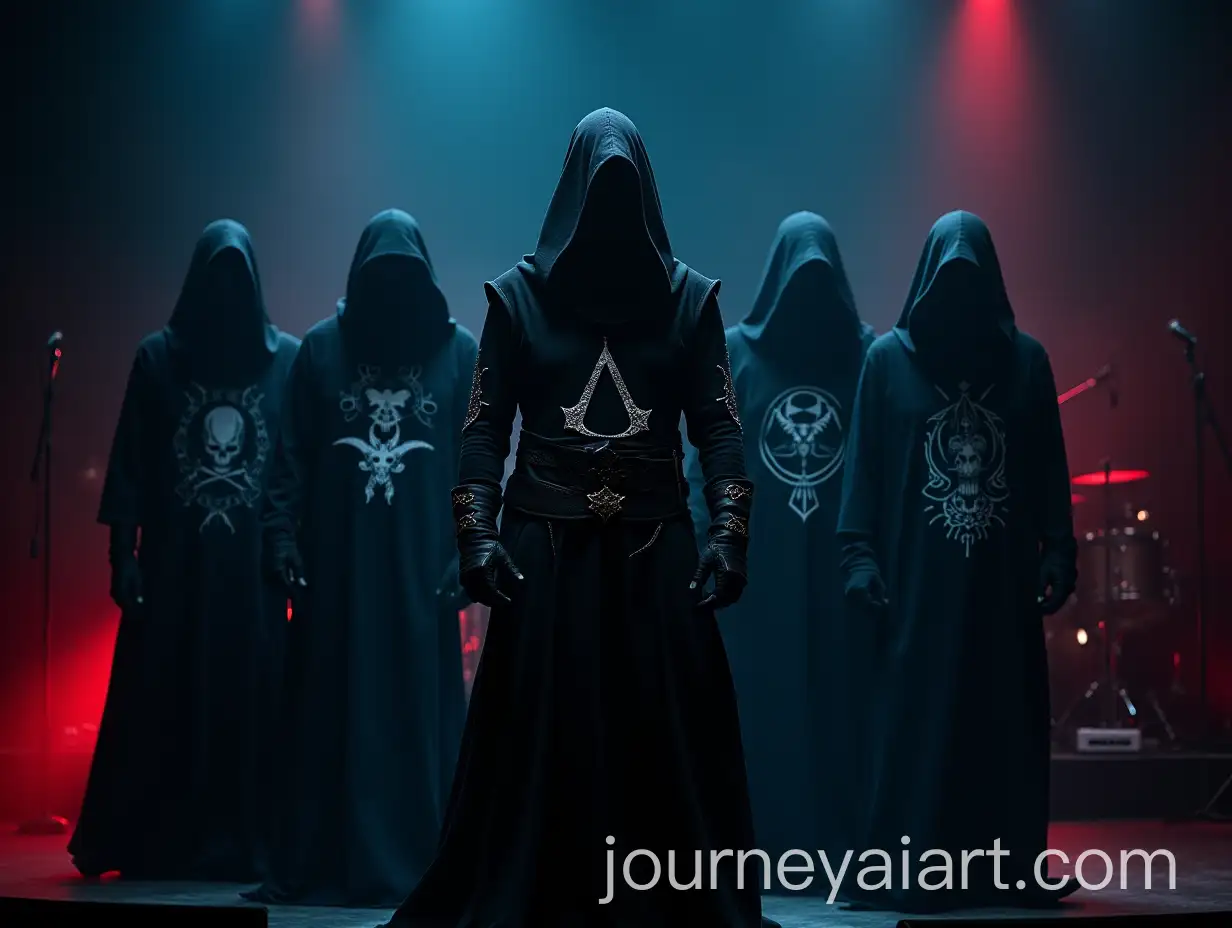 Symphonic-Progressive-Metal-Band-Performing-Live-in-Hooded-Robes-with-Dramatic-Lighting