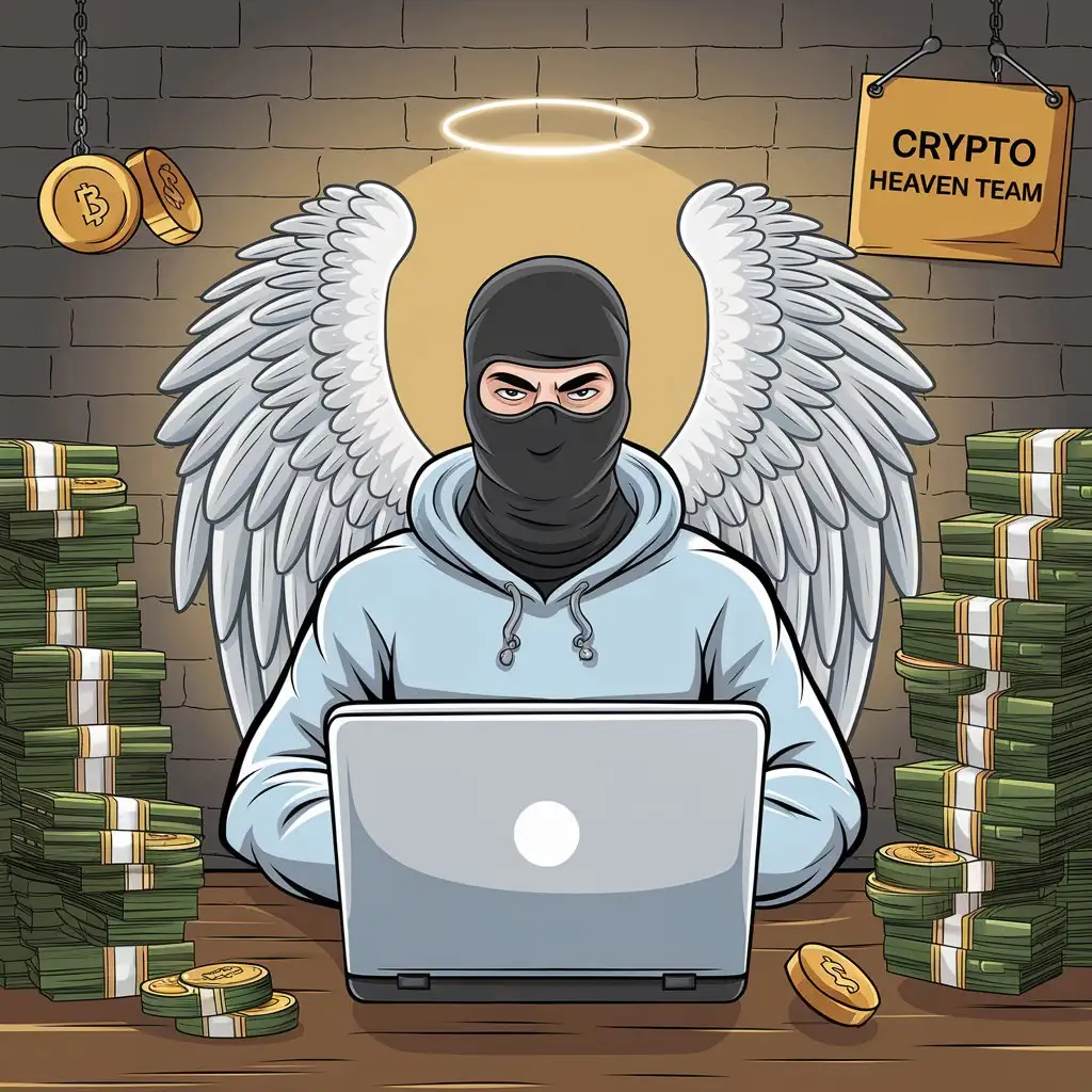 Ангел в балаклаве сидит за ноутбуком, на фоне деньги и надпись "Crypto Heaven Team"