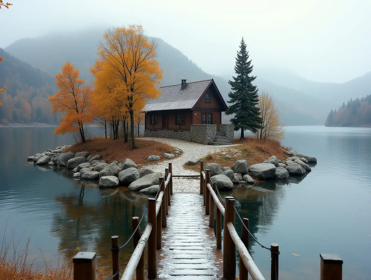 Chalet-by-the-Autumn-Lake-with-Wooden-Bridge-and-First-Snow