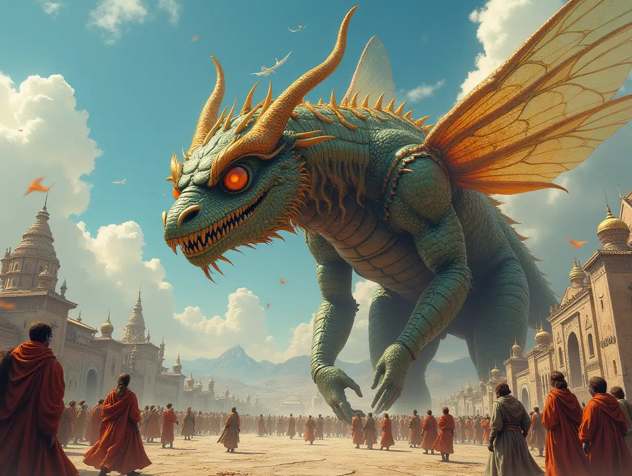 ultra detailed hyperrealistic portrait of a giant with dragonfly head on the ground in front of a palace with many people elaborately detailed, colorful