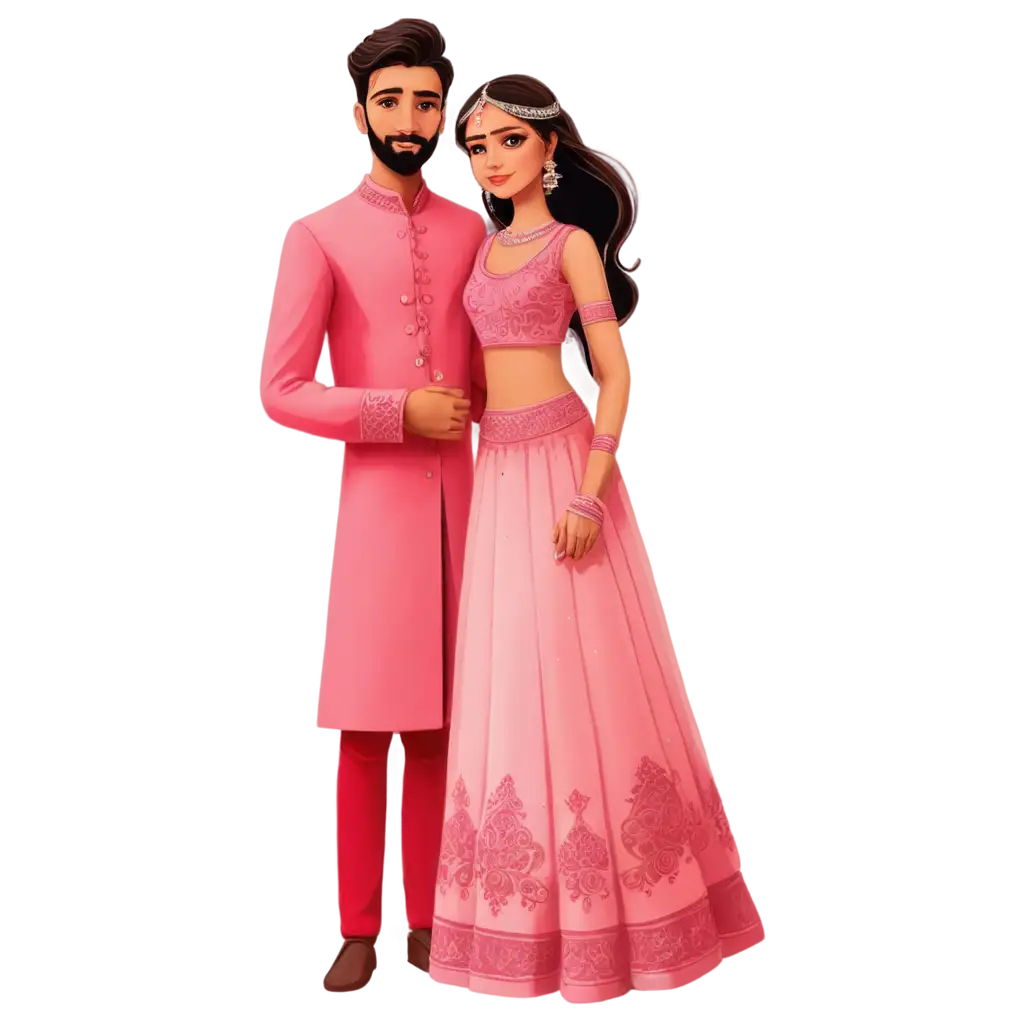 Stunning-Henna-Cartoon-PNG-Bride-and-Groom-in-Embroidered-Pink-Lehenga-and-Sherwani