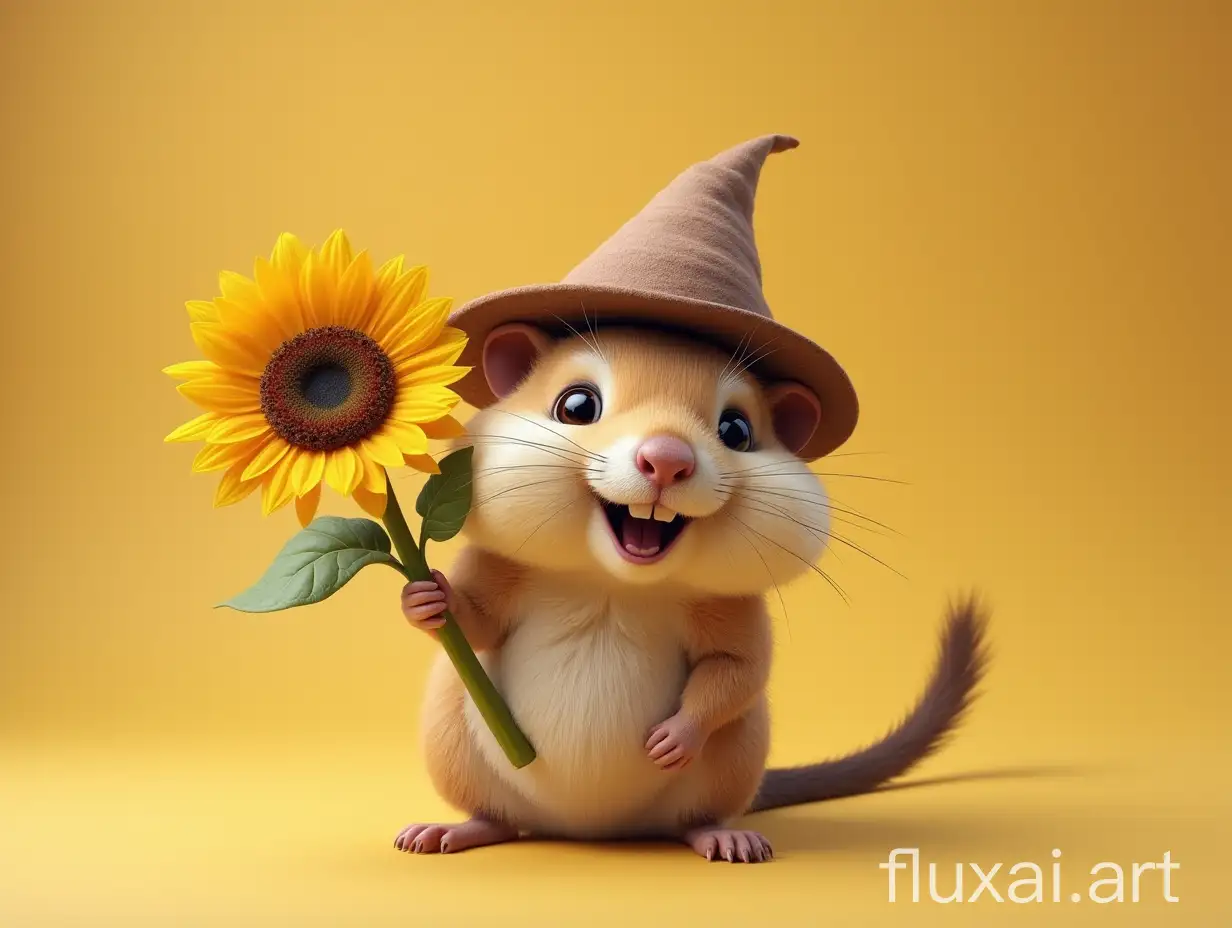 gopher wearing a tiny hat and holding a sunflower, looking happy and playful.