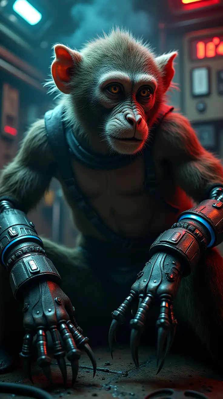 A dark, hyper-realistic depiction of Bitboy Leroy, an animal-robot hybrid monkey, with a seamless fusion of organic anatomy and cybernetic enhancements. Four arms dominate the design—two organic, muscular, and covered in matted fur, and two mechanical, crafted from sleek but rugged metal, with exposed wiring and glowing blue accents. Each cybernetic arm is equipped with sharp claws and retractable blades, matching the dangerous, experimental aesthetic. His organic torso and face are weathered and expressive, with intelligent, piercing eyes framed by a mix of fur and metallic implants. The cybernetic arms attach naturally to his body, appearing as if grafted through crude, unfinished experimentation. His hands—both natural and robotic—are tense, with the claws and blades poised for action. The setting is shadowy and industrial, with a gritty spaceship cockpit bathed in flickering red and blue light. Smoke drifts through the air, and sparks fly from damaged controls. The four arms are posed dynamically, with one mechanical arm gripping a lever, another hovering over a holographic panel, and the organic arms either steadying him or clenched in readiness. The atmosphere is tense and cinematic, emphasizing Bitboy’s dual nature as both a creature and a weapon, with a focus on his claws, blades, and the menacing interplay of fur and metal in the darkened environment.