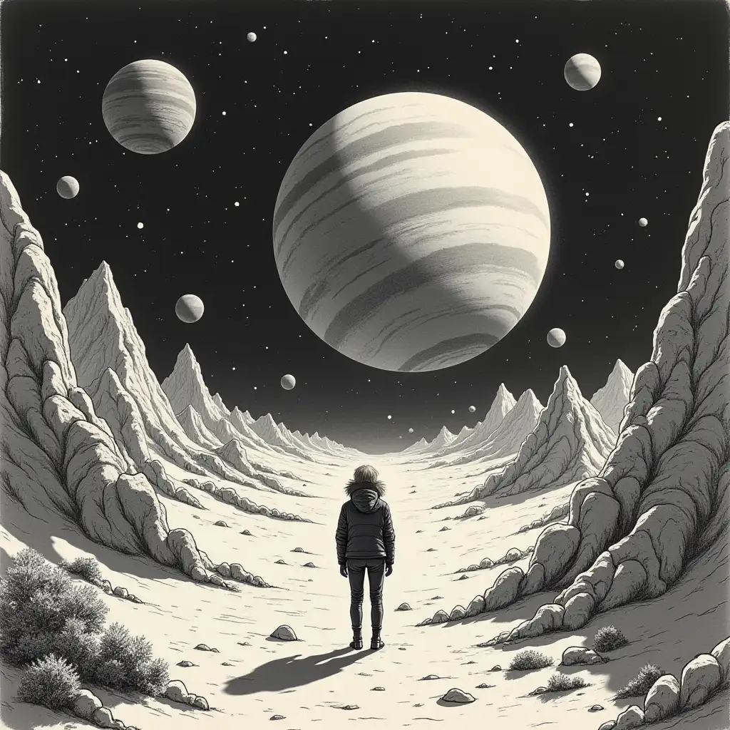 Album cover, with 1980s sci-fi aesthetics. The drawing should be a person stranded on a beautiful planet from another galaxy