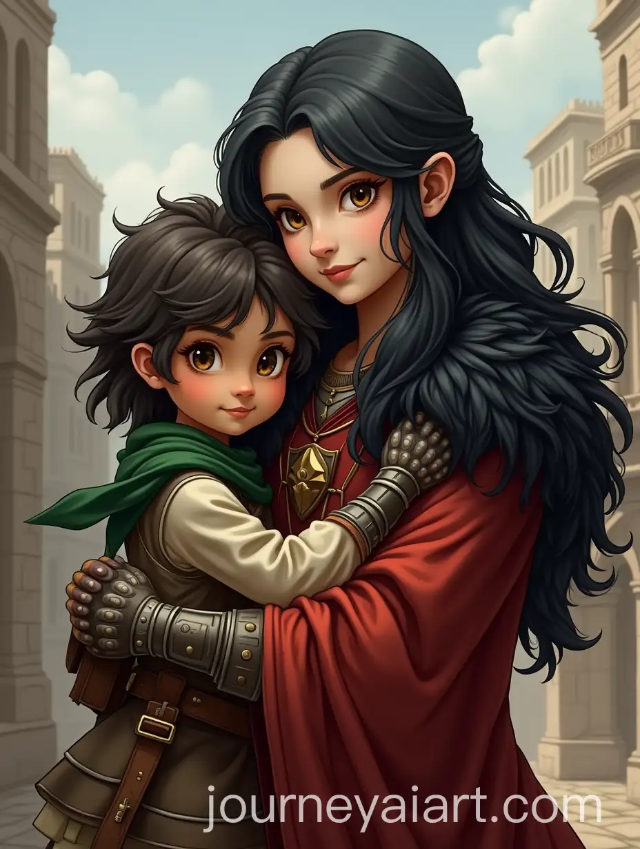 Cheeky-Bandit-Child-and-Fierce-Woman-Embrace-in-Medieval-City
